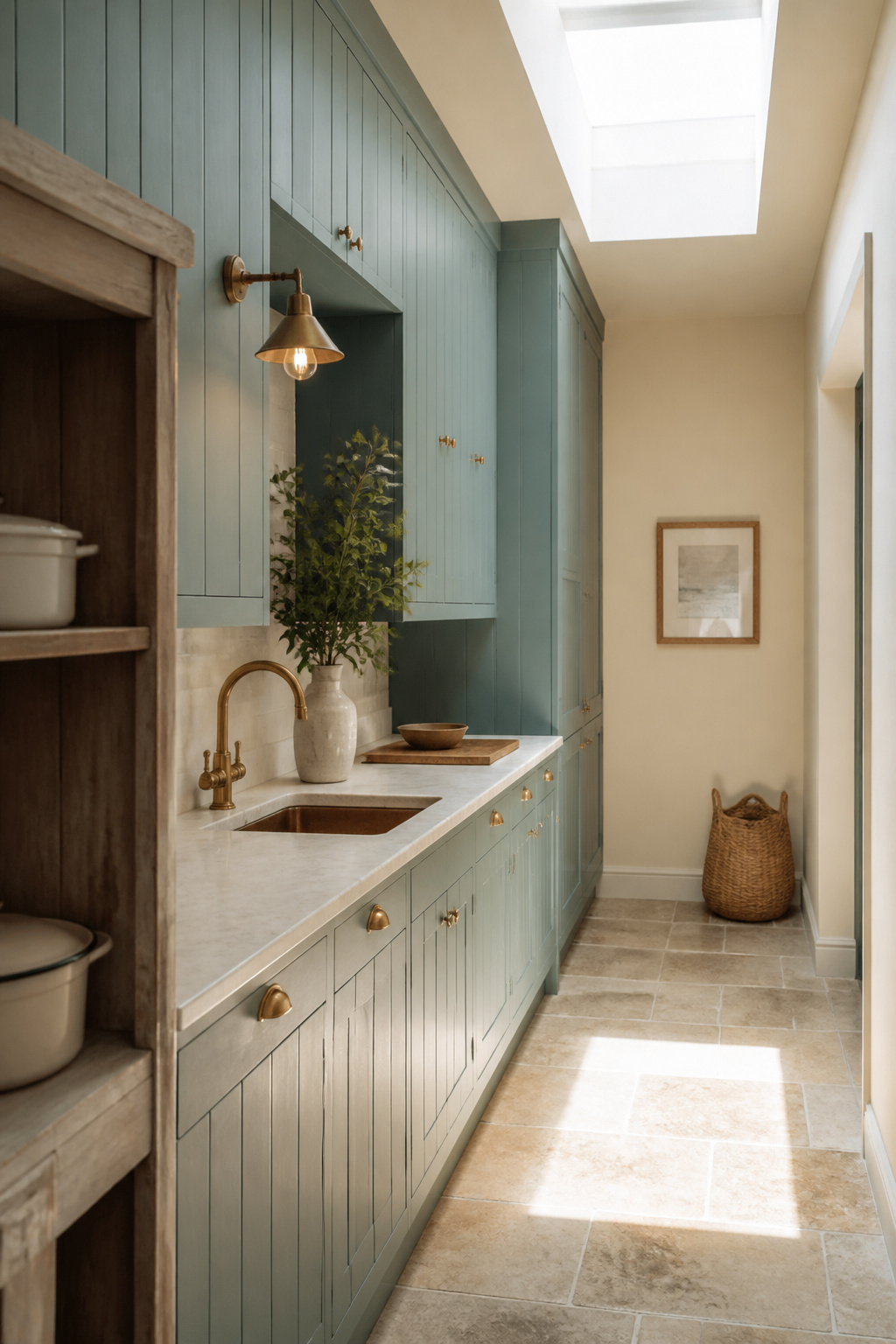 Small galley coastal cottage kitchen with blue-green beadboard cabinets lit by an overhead skylight