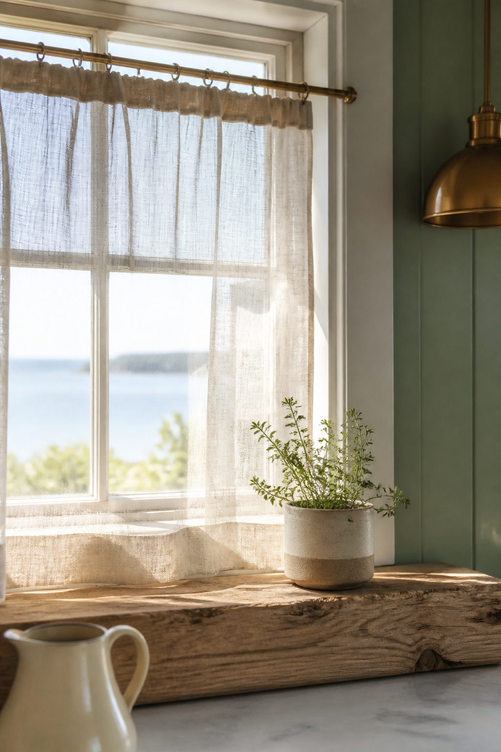 Linen-curtained kitchen window with a reclaimed pine sill and a potted herb in a coastal cottage kitchen