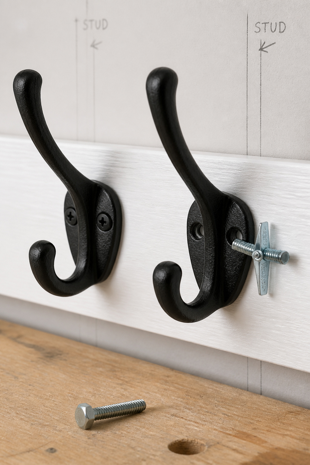 Close-up of two matte-black coat hooks being installed on a white painted board, one secured with lag screws and one with a SnapToggle anchor