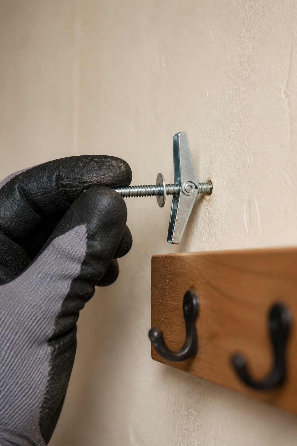 Spring toggle bolt held against plaster wall beside a wooden coat rail, wings extended, showing the hollow-wall fixing method