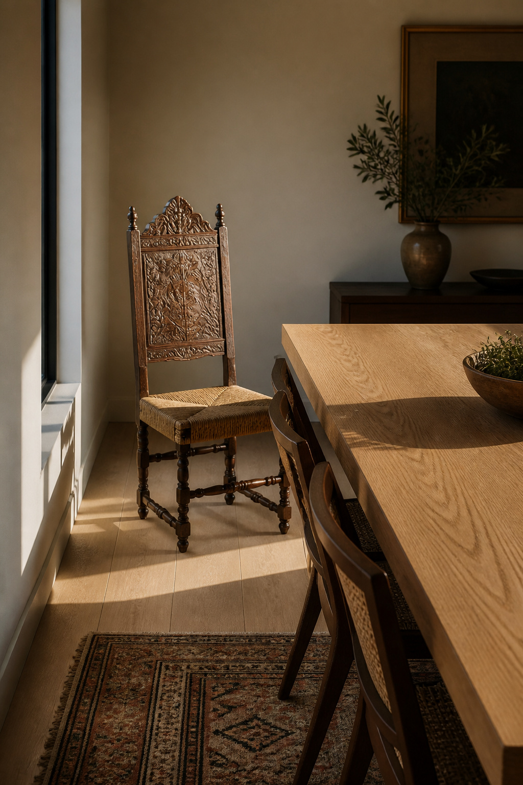 An antique carved dining chair sits naturally at a modern white-oak dining table in a slow-interiors collected dining room