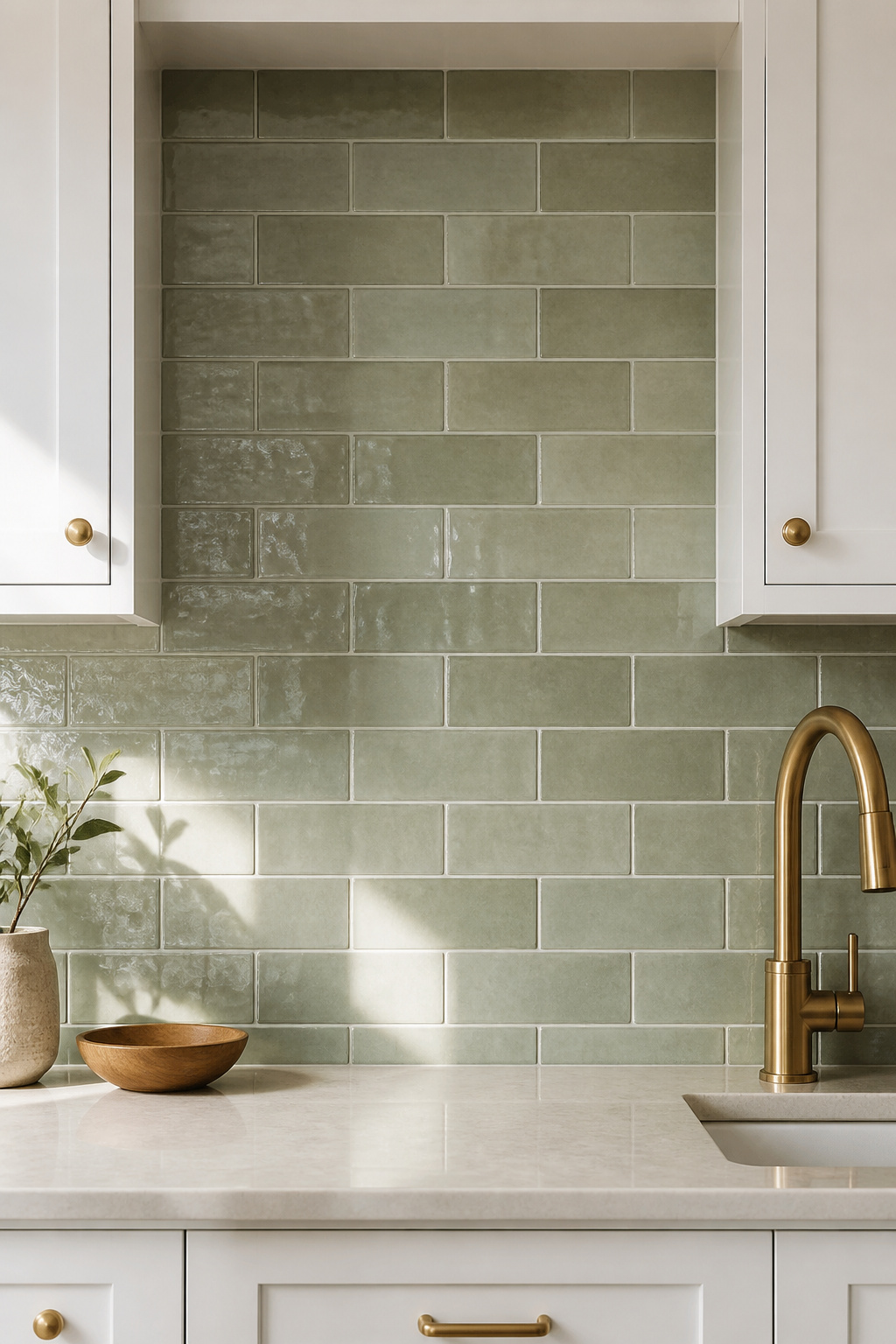 Sage green handmade-look tile backsplash with light grey grout under white shaker kitchen cabinets with brass fixtures
