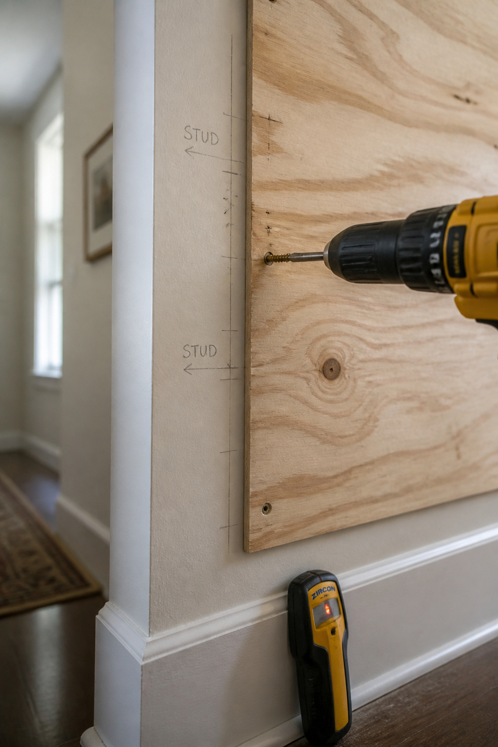 Plywood backer panel being mounted to wall studs with a stud finder and drill for a DIY command center base