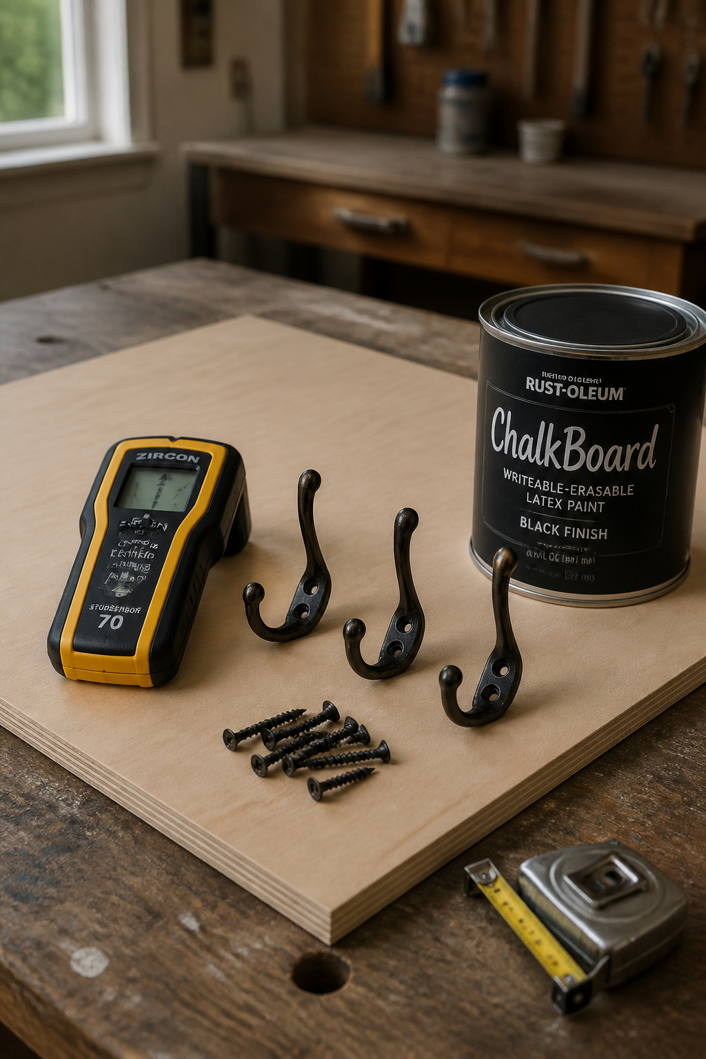 Plywood, stud finder, key hooks and chalkboard paint laid out as materials for a DIY family command center build