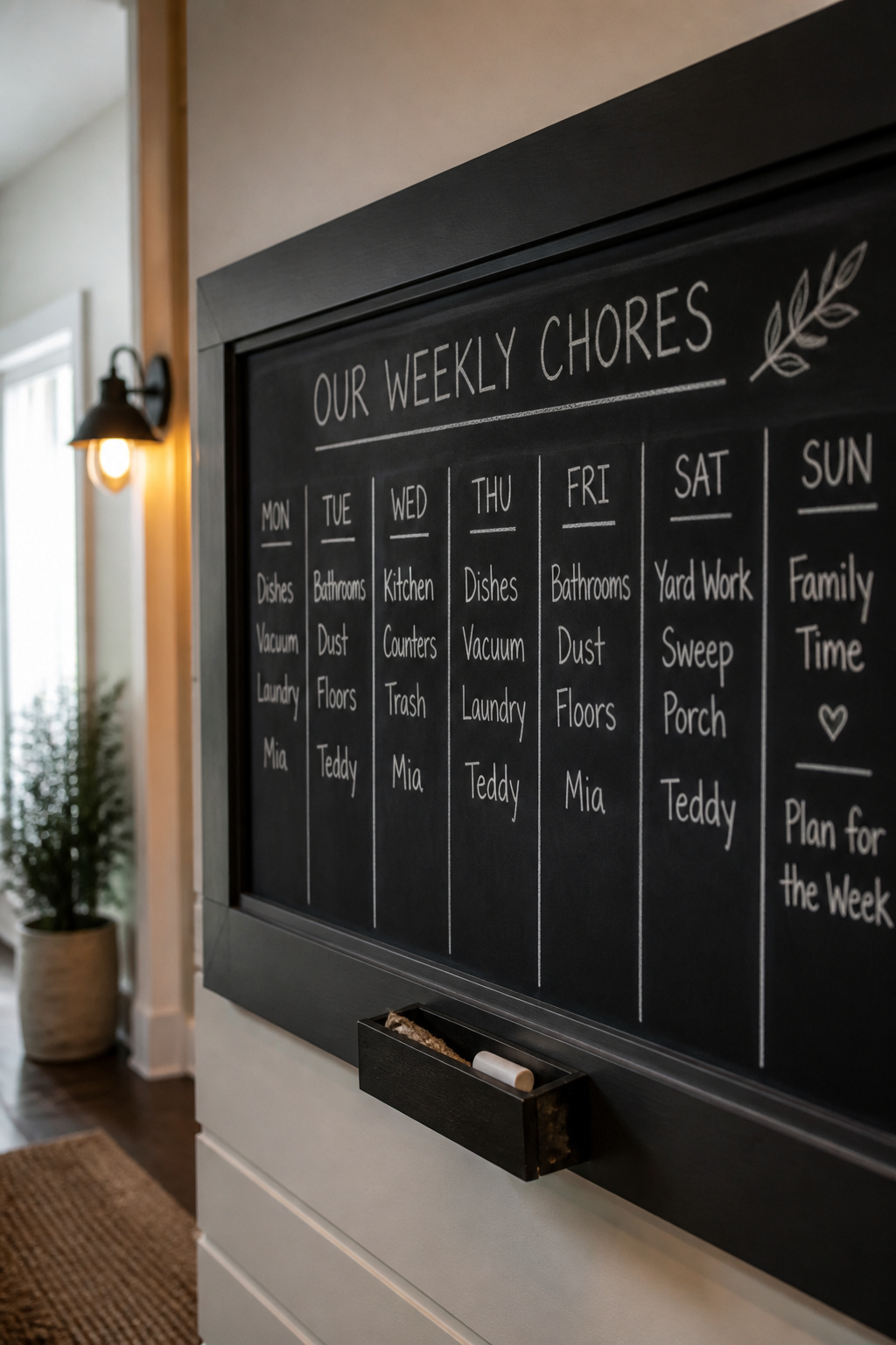 Chalkboard family chore board divided into seven weekly columns mounted in a hallway command center