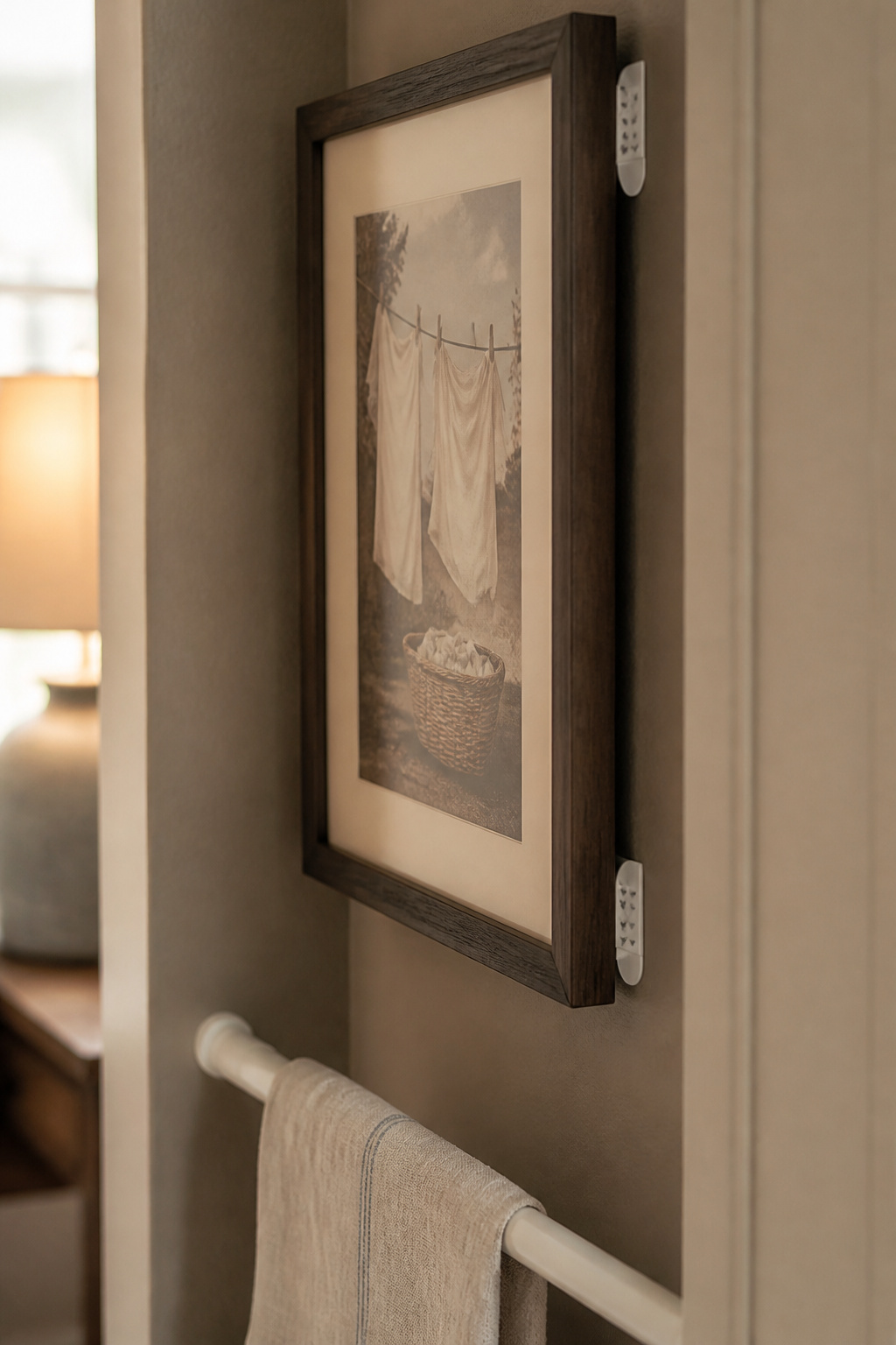 Small framed print hung with a Command picture-hanging strip above a tension rod shelf in a laundry alcove