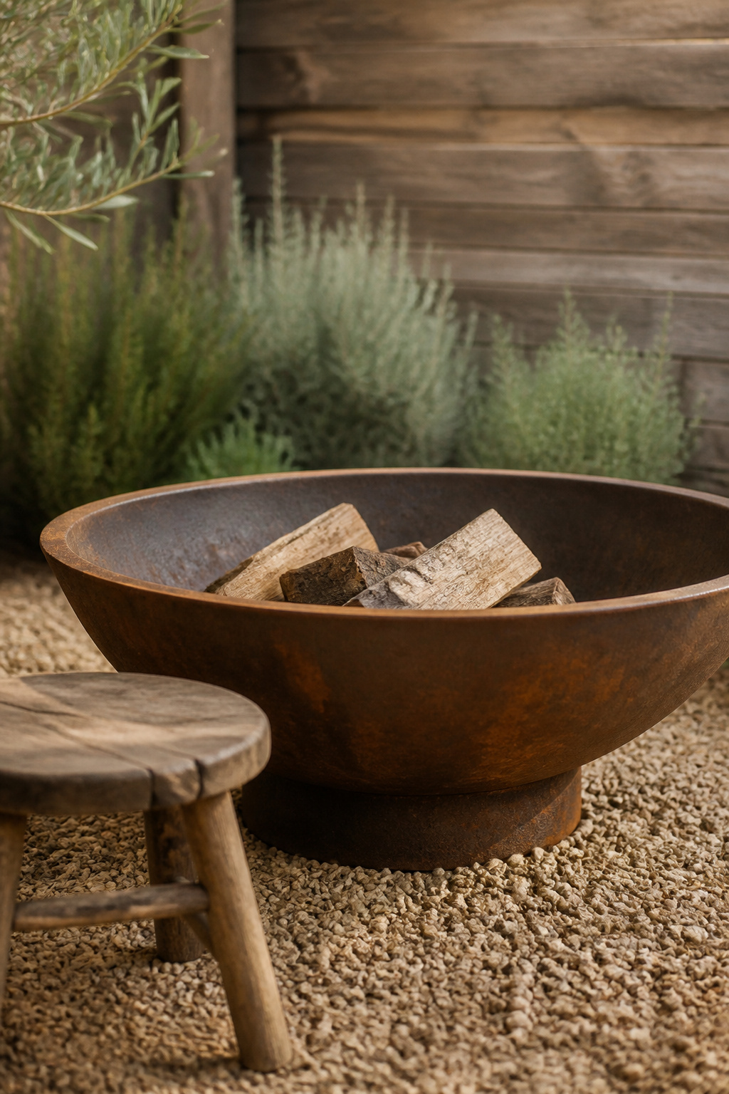 Small steel fire bowl set into a buff gravel patio in a tight backyard corner