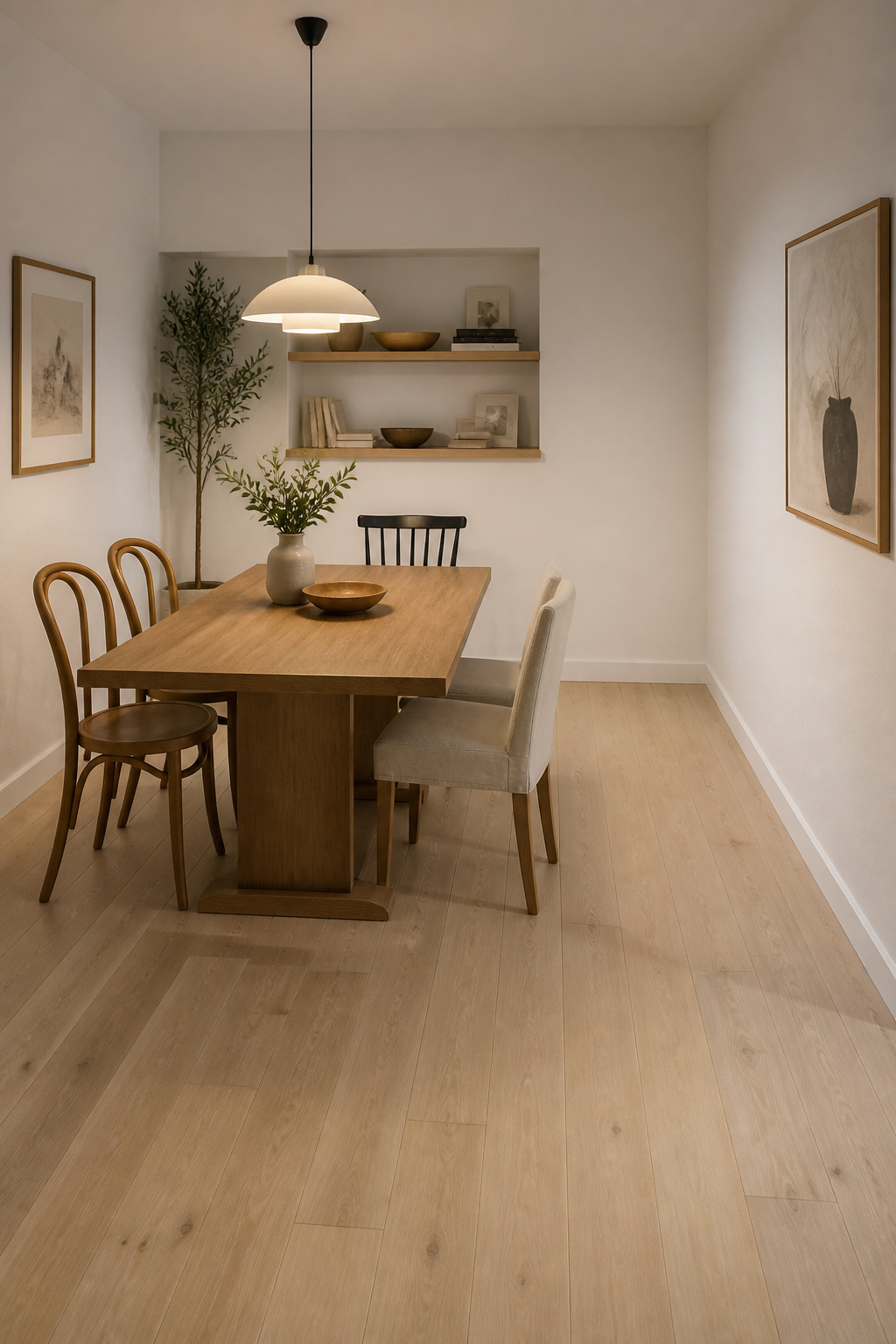 Four mismatched armless dining chairs around a 36x48-inch pedestal dining table in a compact dining room with 36-inch wall clearance