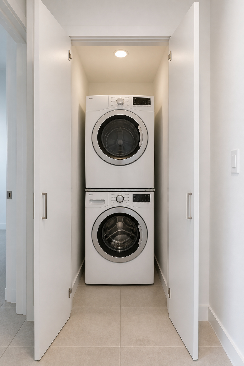 A 26-inch-wide converted linen closet with compact 24-inch stacked washer and dryer behind white flat-panel cabinet doors