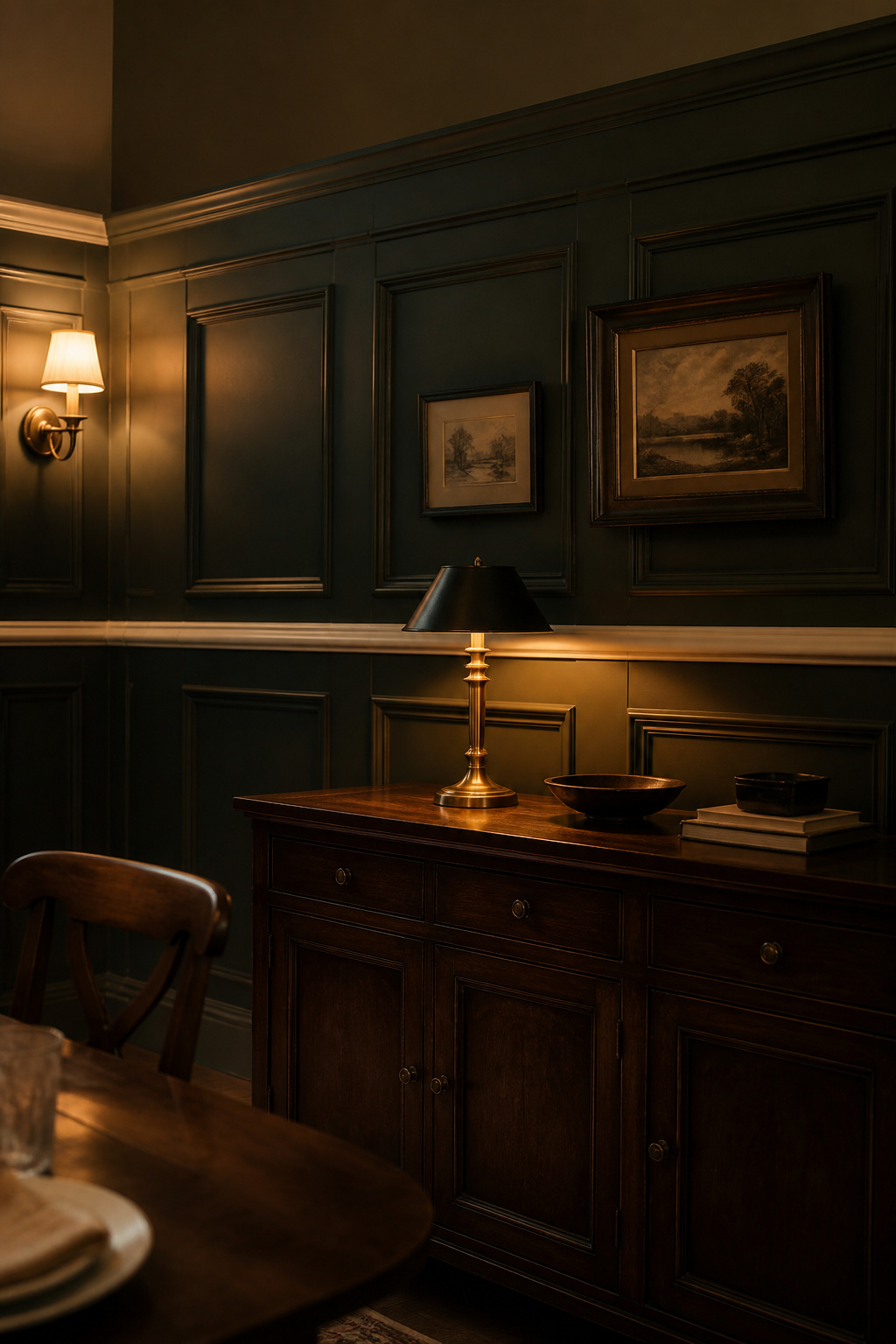 Full dark dining room wall with charcoal-green raised-panel wainscoting and sideboard at dinner, wall sconce casting raking light across panel profiles