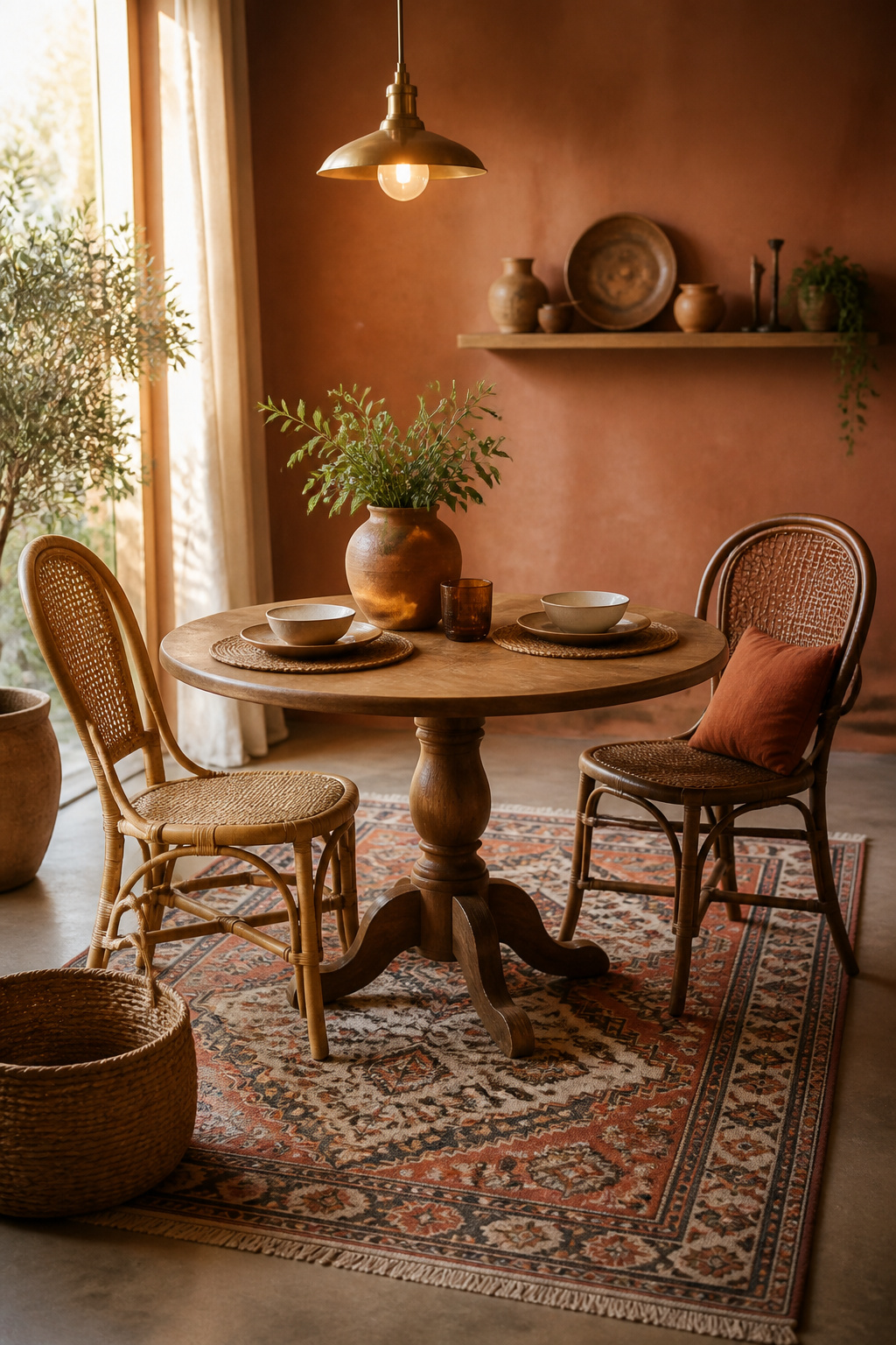 Completed small boho dining nook with round table, mismatched rattan chairs, and a single patterned rug