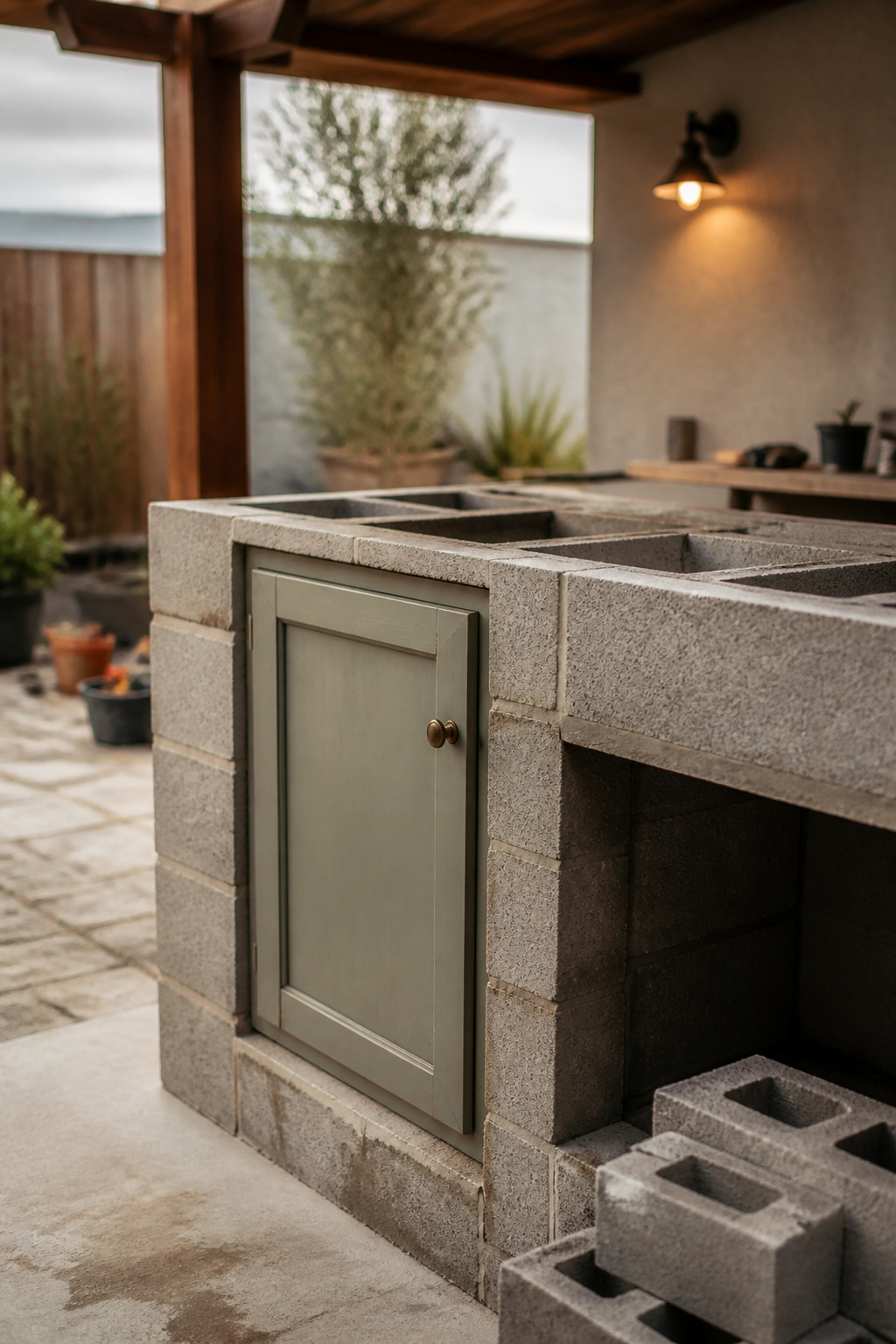 Concrete block outdoor kitchen frame under construction with a repurposed salvaged cabinet door fitted into one bay