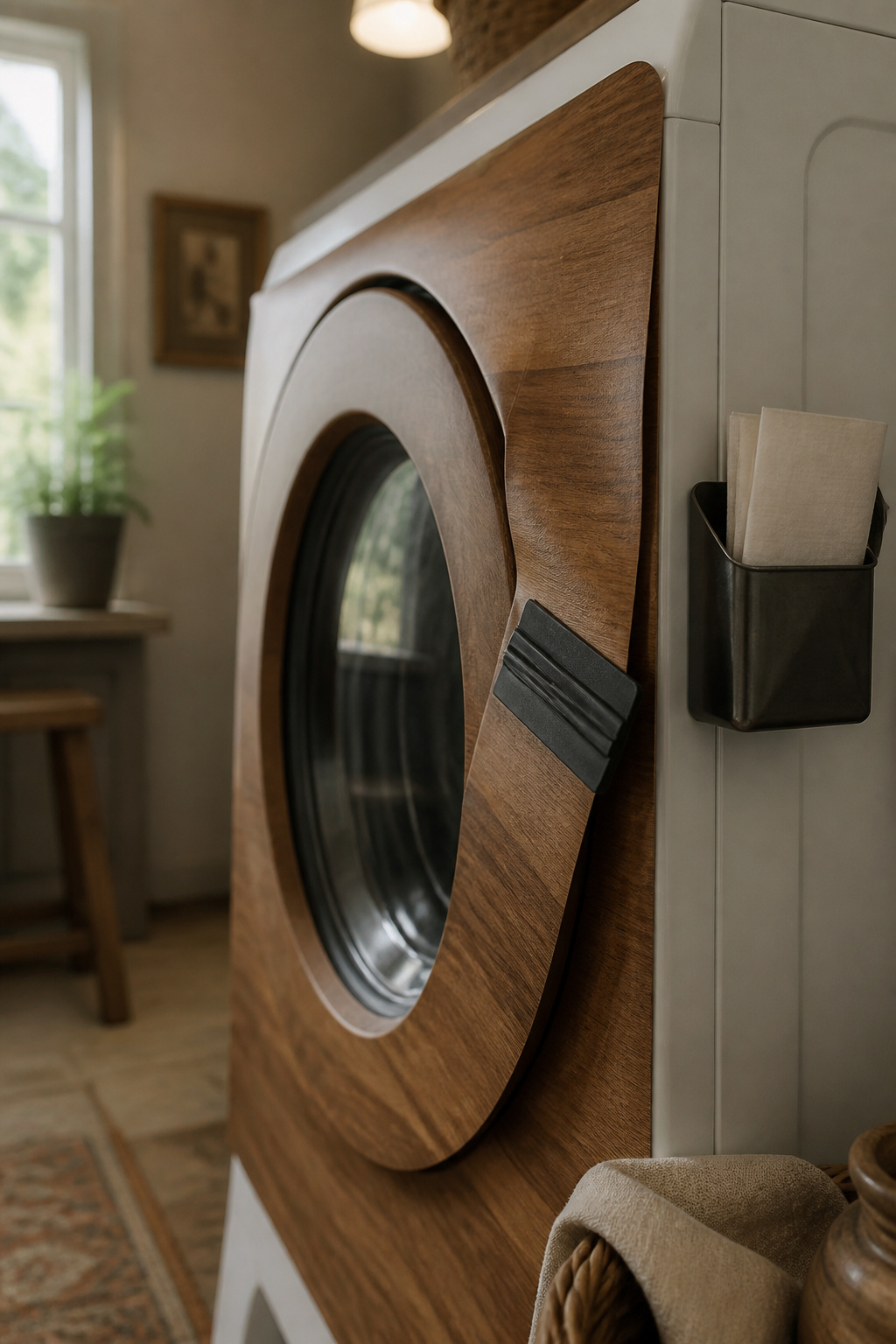 Washing machine door being covered in wood-grain contact paper with a magnetic caddy attached to its side