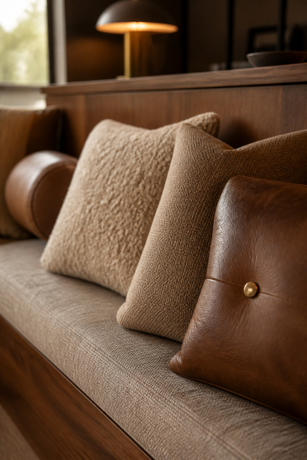 Close-up of bouclé, wool and cognac leather cushions arranged on a walnut conversation-pit bench