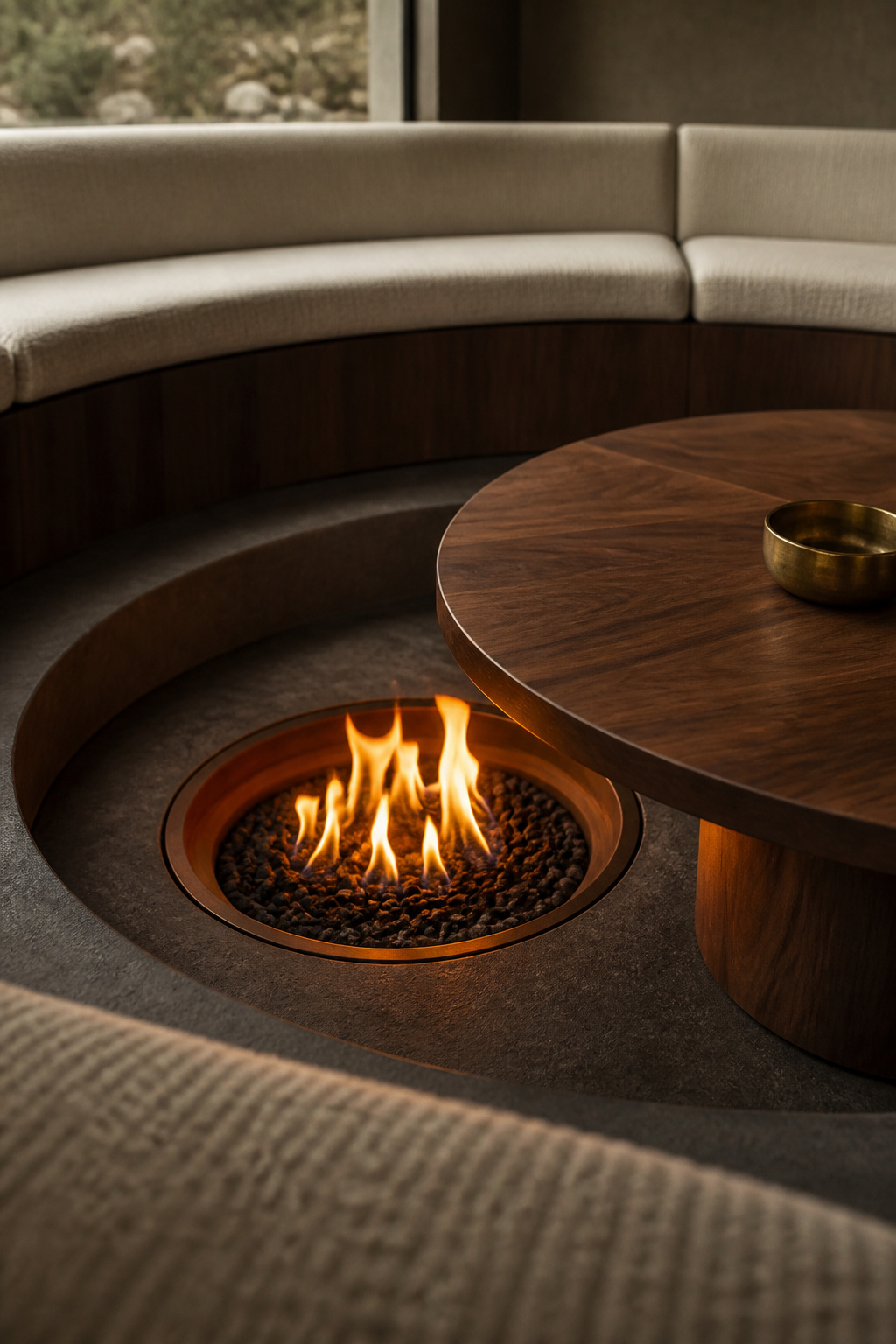 Low recessed fire feature and round walnut table at the center of a sunken conversation pit