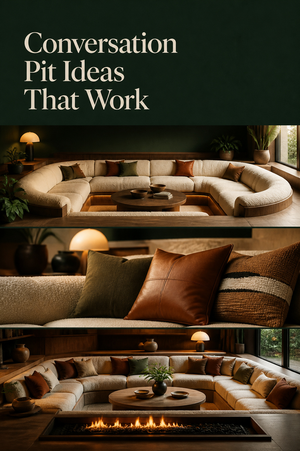 Pinterest pin collage of conversation pit ideas: U-shaped bouclé bench, wool and leather cushions, and a pit with a central fire feature