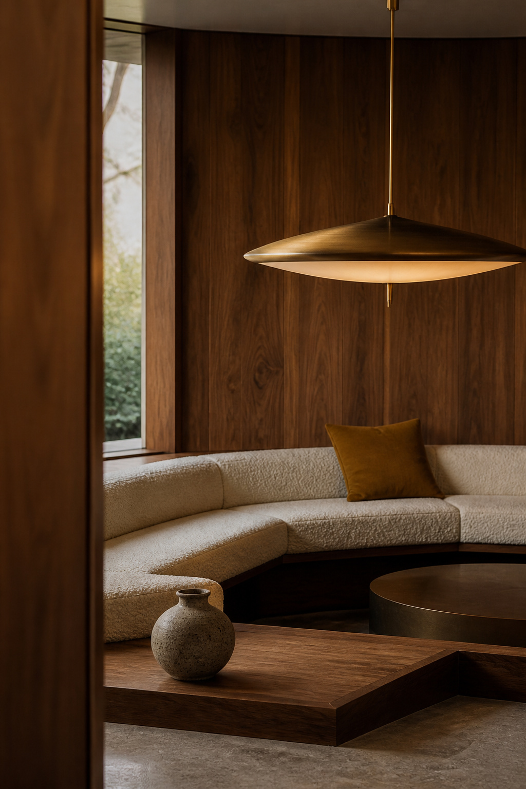 Sunken conversation pit with walnut wall paneling, a sculptural pendant light, and a bouclé bench below