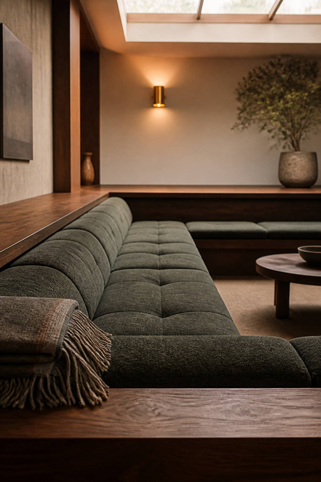 Deep wool-upholstered conversation pit bench seat showing cushion depth against a walnut step edge