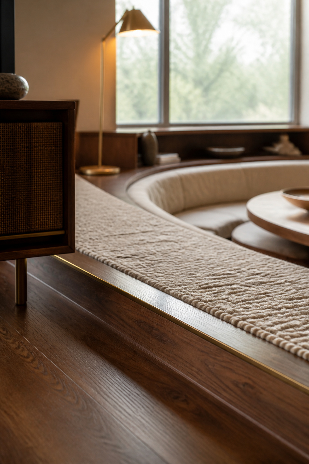 Walnut step edge with aged brass trim separating a sunken conversation pit from the upper living room floor