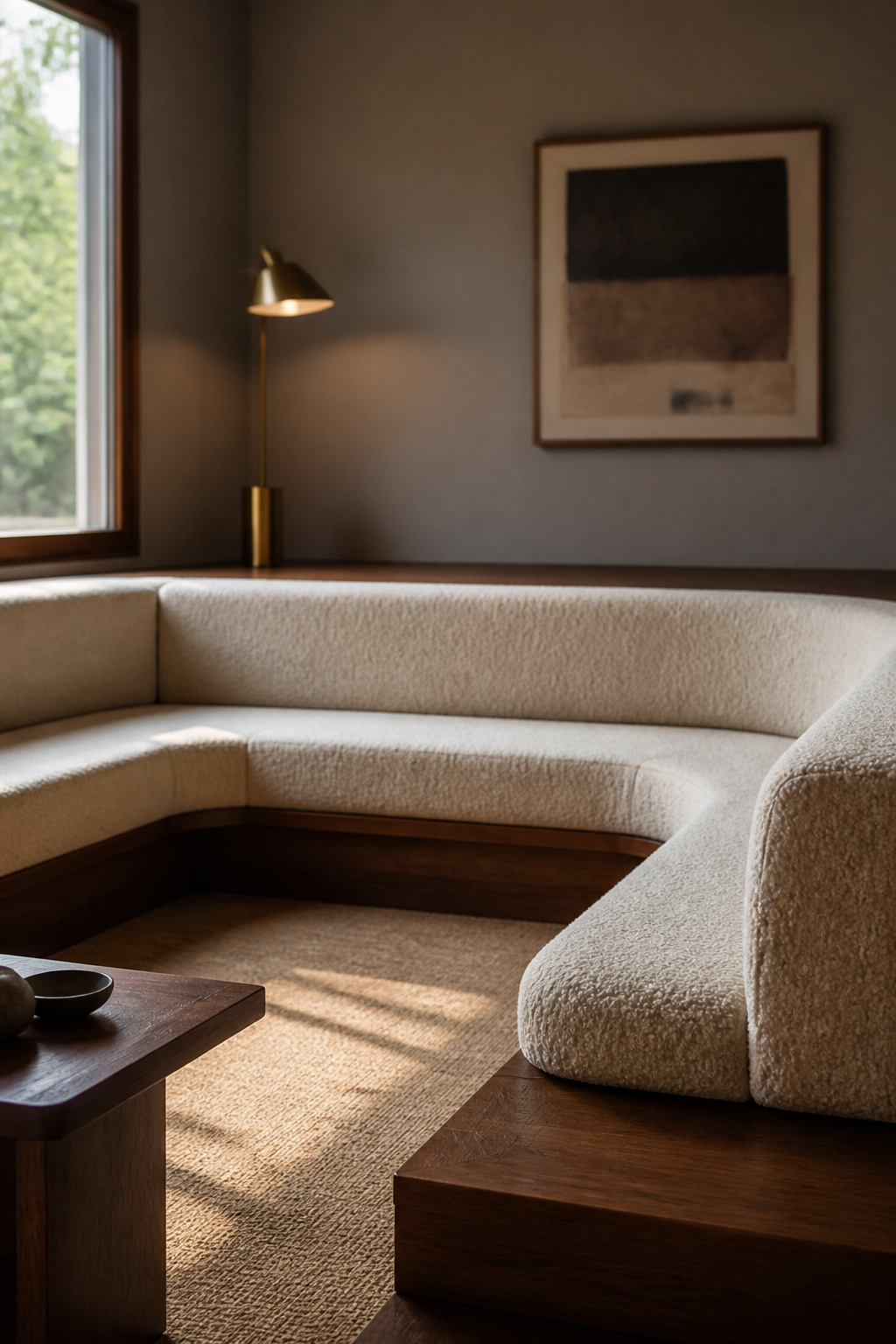 U-shaped sunken conversation pit bench in cream bouclé with a walnut step edge