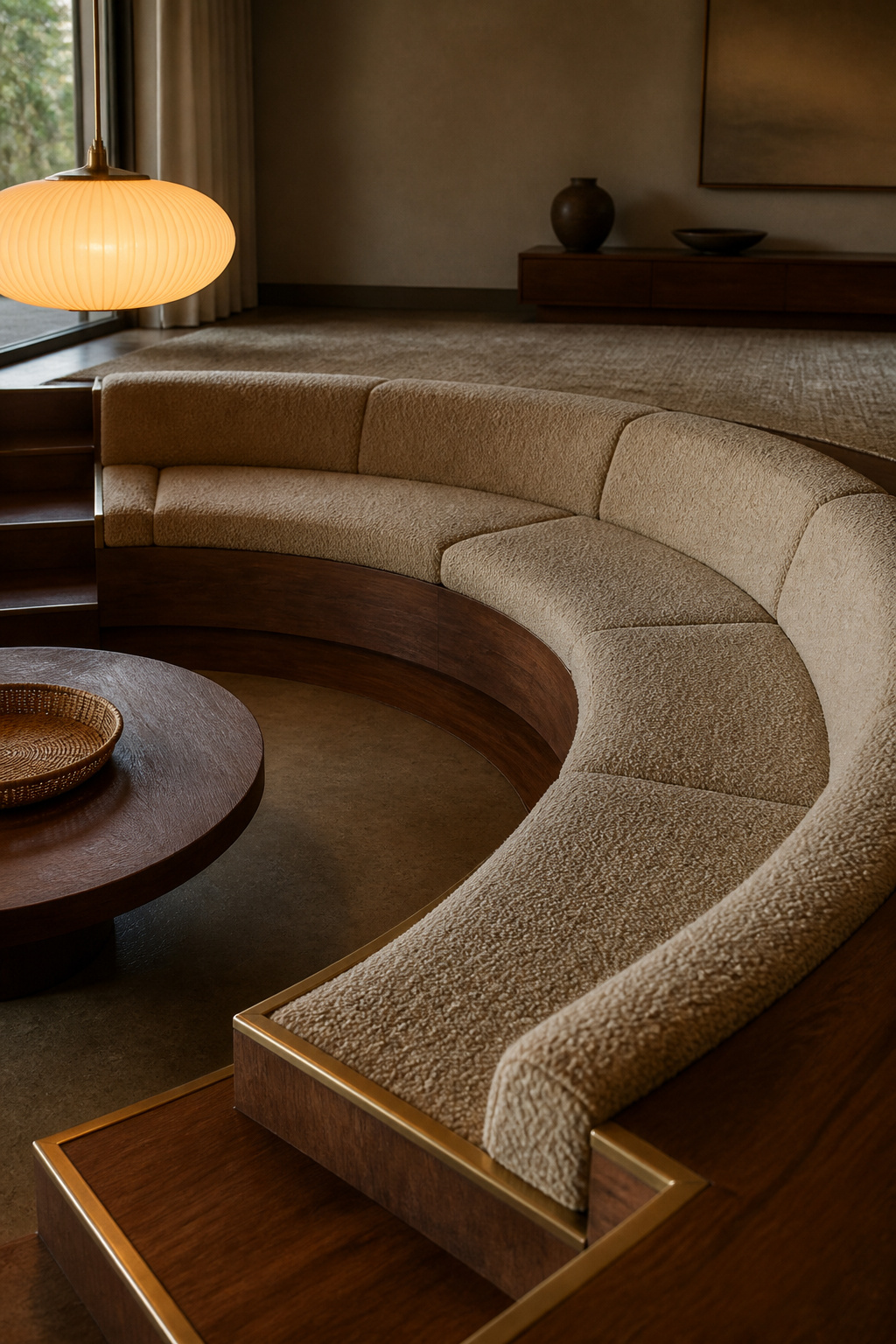 Sunken conversation pit with a wraparound oatmeal bouclé bench, walnut step edge and aged brass trim around a low round table