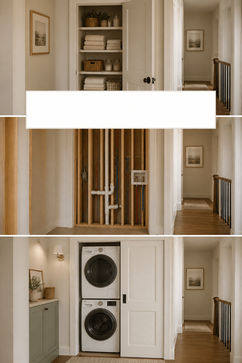 Before-during-after collage showing linen closet converted into an upstairs laundry room