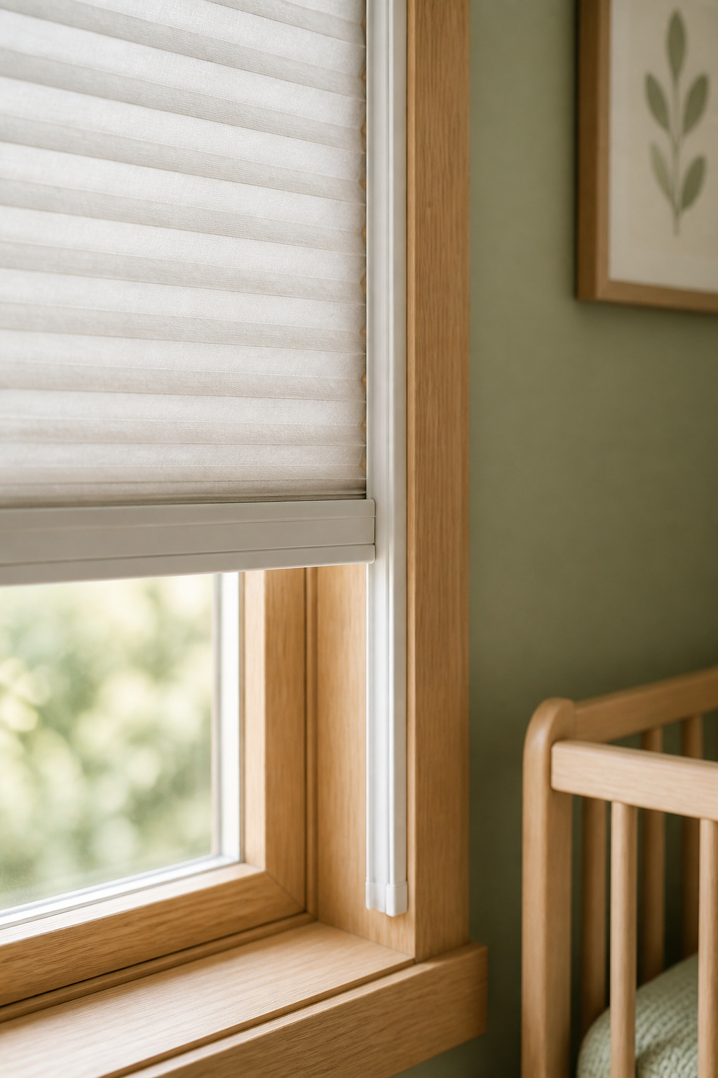 Close detail of a cordless cellular shade's bottom rail on a nursery window, showing no exposed operating cord