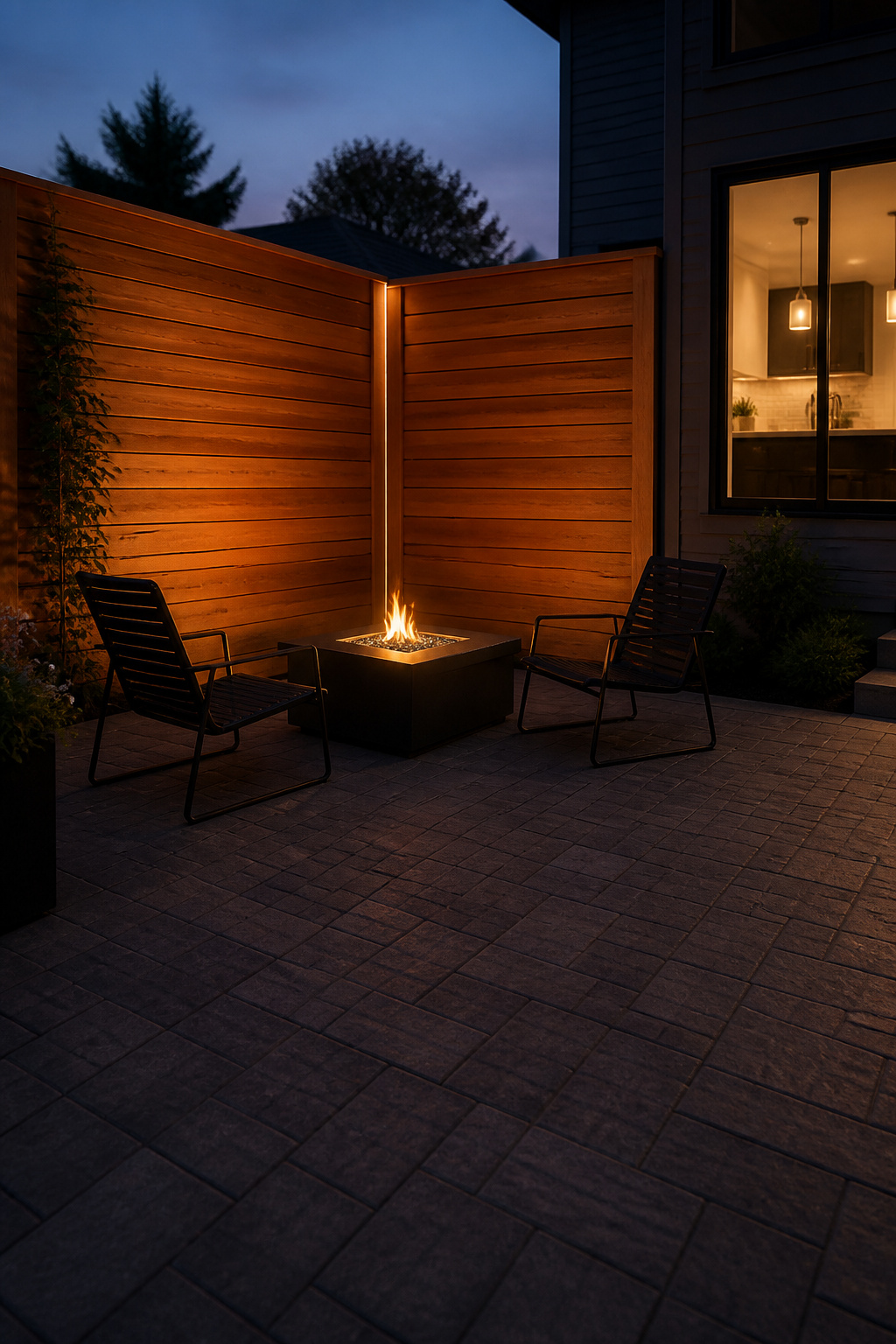 Square gas fire table in patio corner with two lounge chairs at 20-inch clearance, cedar fence panels behind, house kitchen window visible in background