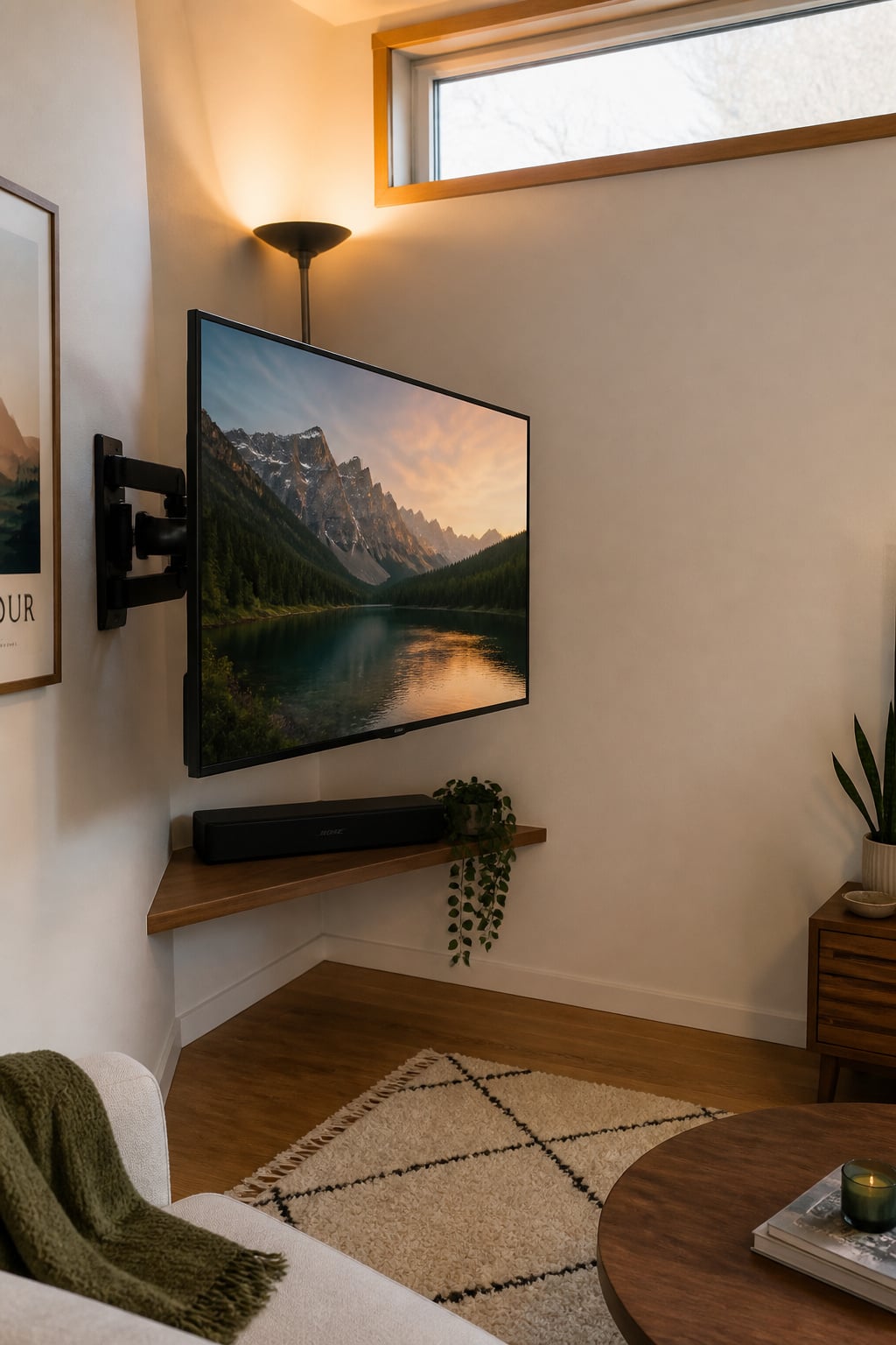 Full-motion corner TV mount in a small living room freeing the longer wall for open space