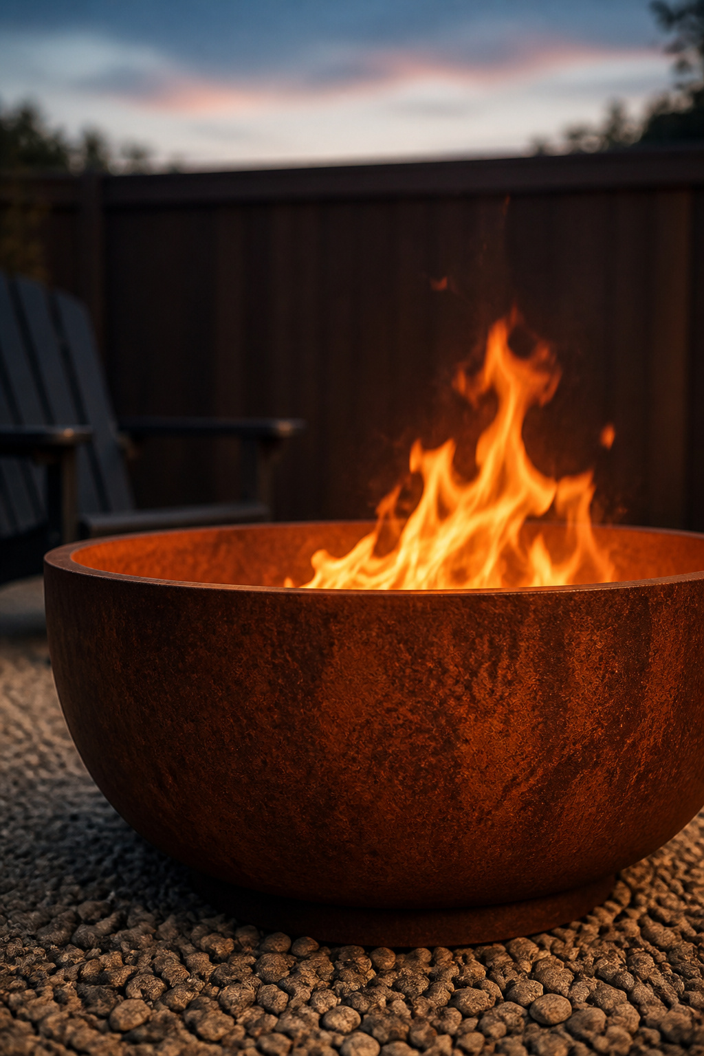 Corten steel fire bowl with orange flames burning on a pea gravel pad at dusk