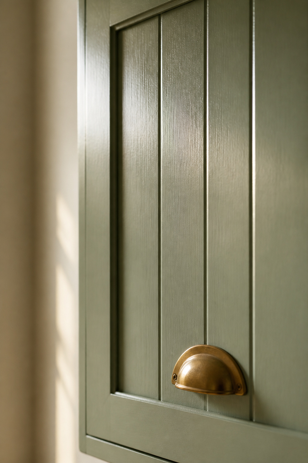 Close-up of a sage-green painted beadboard cabinet door showing satin sheen and brass cup pull