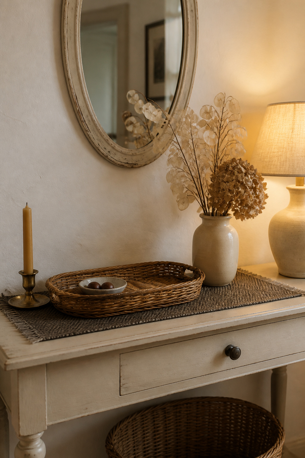 A cottage entryway console table styled in an autumn-winter seasonal vignette with dried seed heads, a beeswax candle, and conkers, the lamp and mirror remaining as permanent anchors