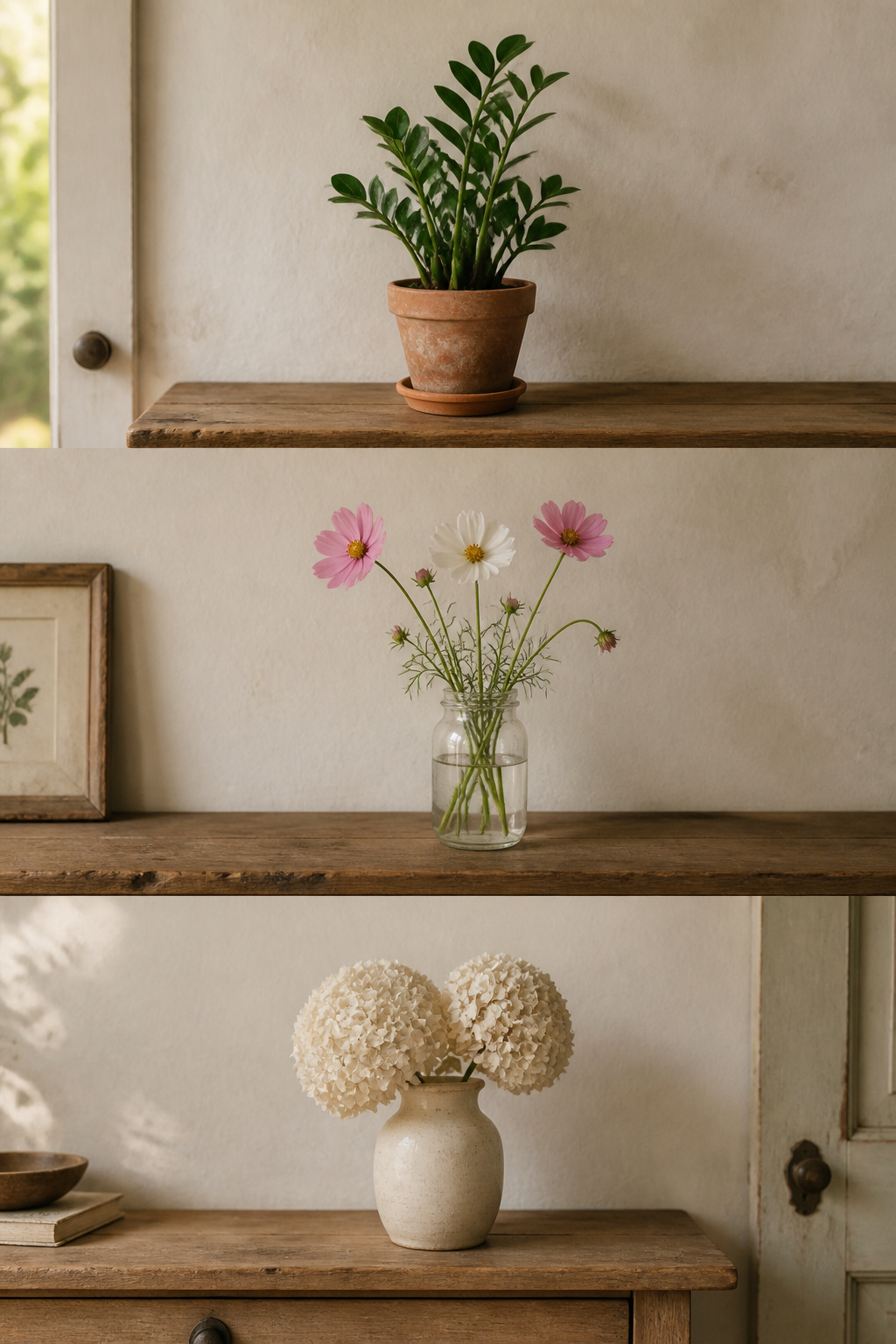 Three cottage console table greenery options shown vertically: ZZ plant in terracotta pot, fresh cosmos in glass jar, and dried cream hydrangeas in stoneware vase