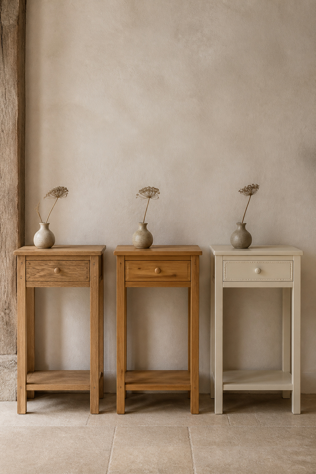 Three cottage console table materials side by side: oiled oak, honey pine, and painted cream wood showing the period range of authentic cottage finishes
