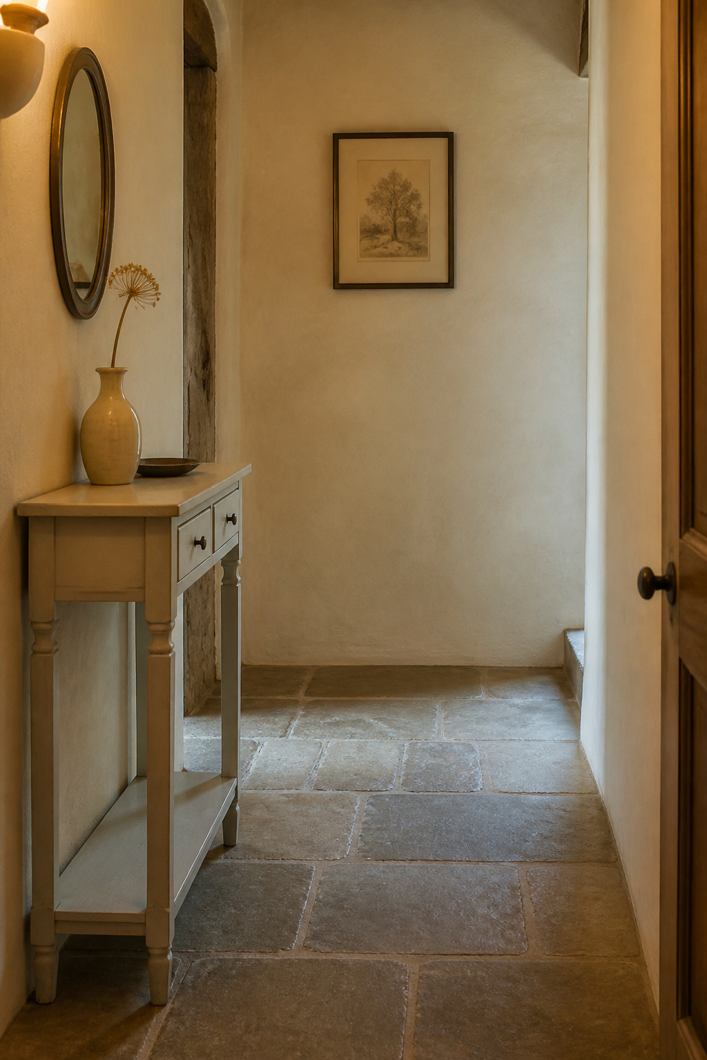 A slim painted-pine console table in a narrow cottage entry hallway with an oval mirror above and clear walking space in front