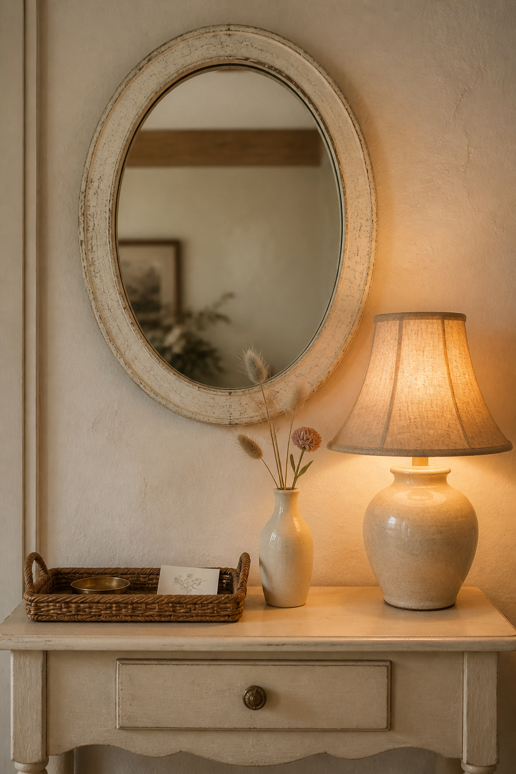 A cottage console table surface styled with the four-element formula: wicker tray with key dish, linen-shaded ceramic lamp, dried botanicals in cream vase, and oval mirror above