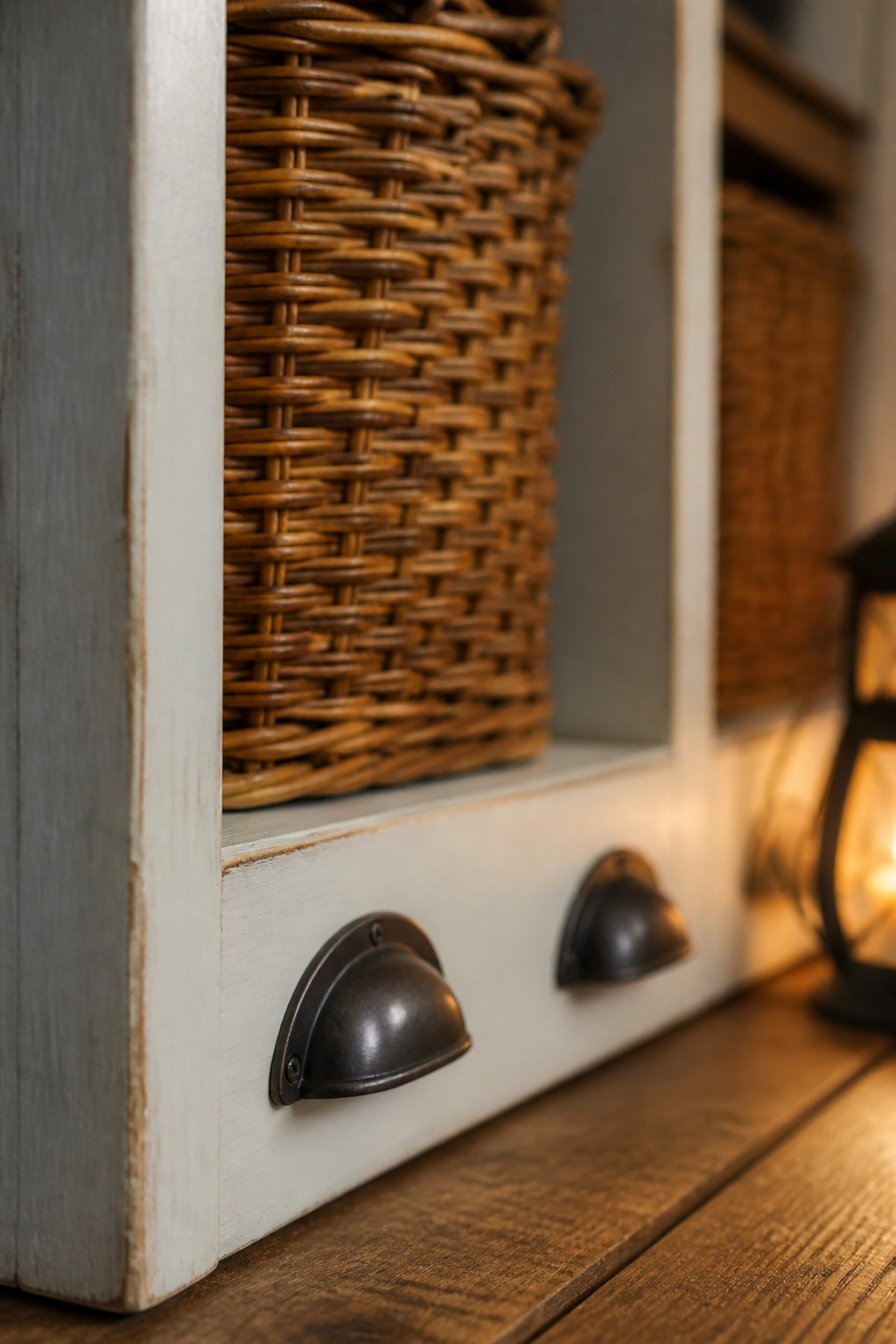 Close-up of white-painted pine cubby edge with natural distress revealing wood, rattan basket inside and oil-rubbed bronze bin-pull handles on face frame