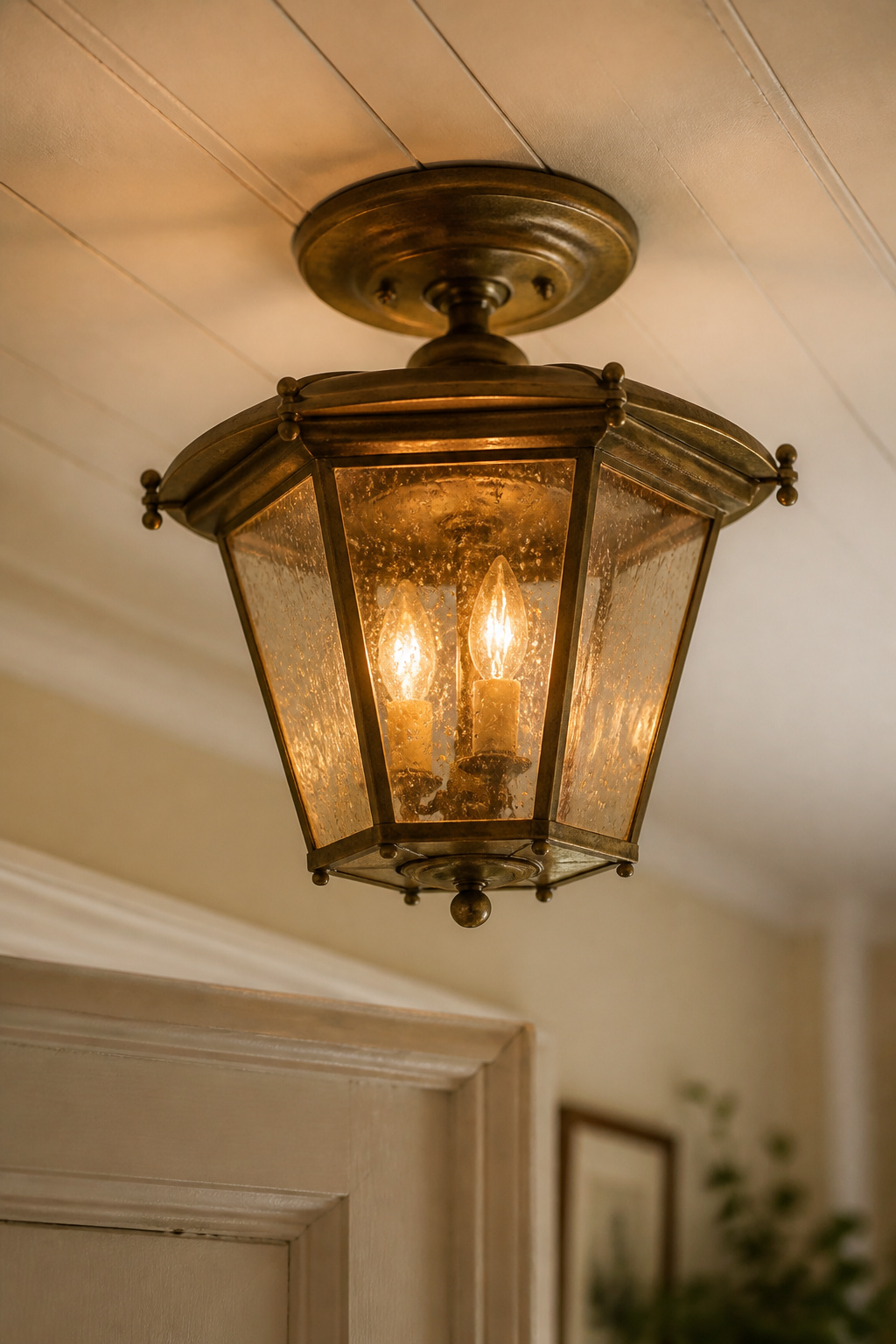 An aged-brass semi-flush lantern ceiling fixture with seeded glass panels mounted on a cream tongue-and-groove cottage ceiling, casting warm amber light