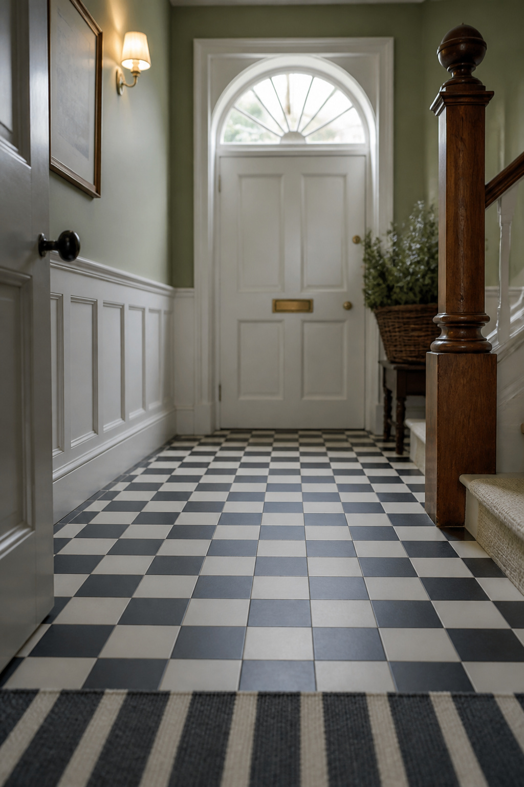 Narrow cottage hallway with small-format black and white checkerboard matte porcelain tile floor and sage green wall above wainscoting