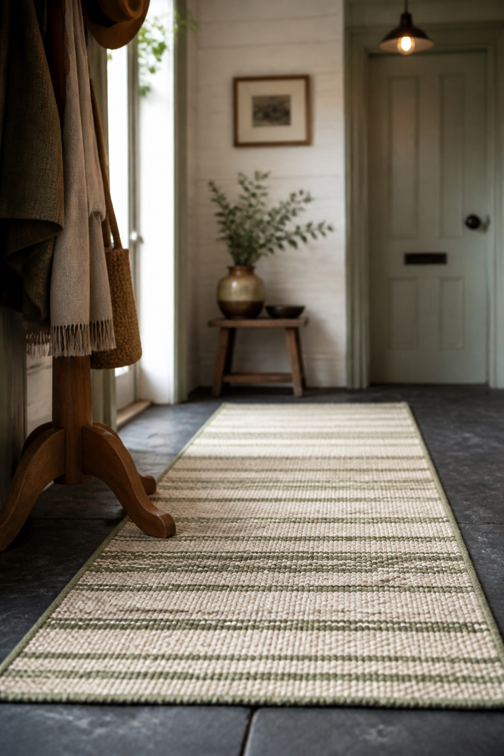 Cream and sage cotton flatweave striped runner over dark grey slate tile in a narrow cottage entry hall