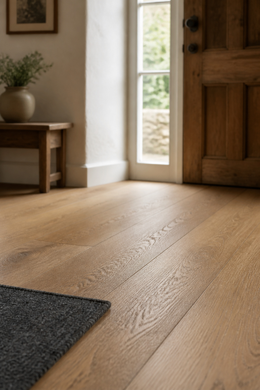 Engineered white oak plank floor in a cottage entry with warm amber-grey grain and matte hardwax oil finish visible