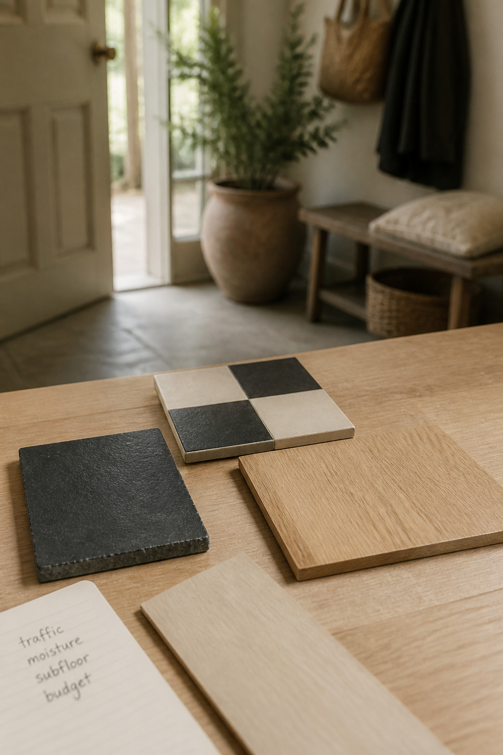 Four cottage entryway flooring material samples — slate, porcelain checkerboard tile, white oak plank, and LVP — arranged on a pale oak surface for comparison
