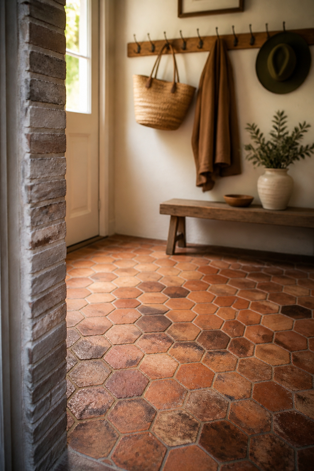 Small cottage entryway with reclaimed terracotta hex tile floor in warm amber and sienna tones and a white-painted plaster wall