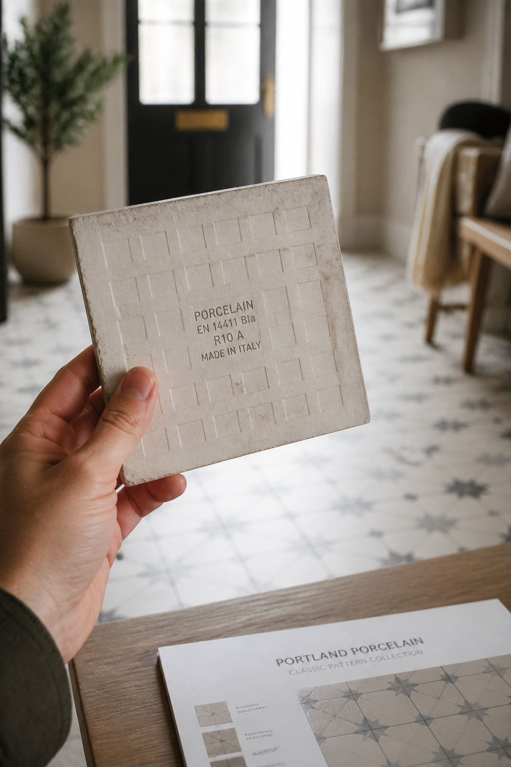 Hand holding a matte porcelain floor tile against a cottage entryway, with a spec sheet showing PEI and DCOF ratings visible