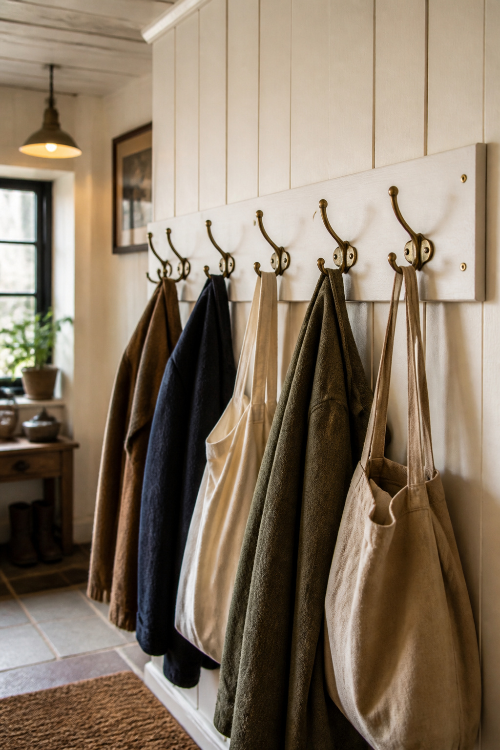 White Shaker peg rail with brass double hooks holding wool coats and canvas bags in a cottage entryway with tongue-and-groove panelling