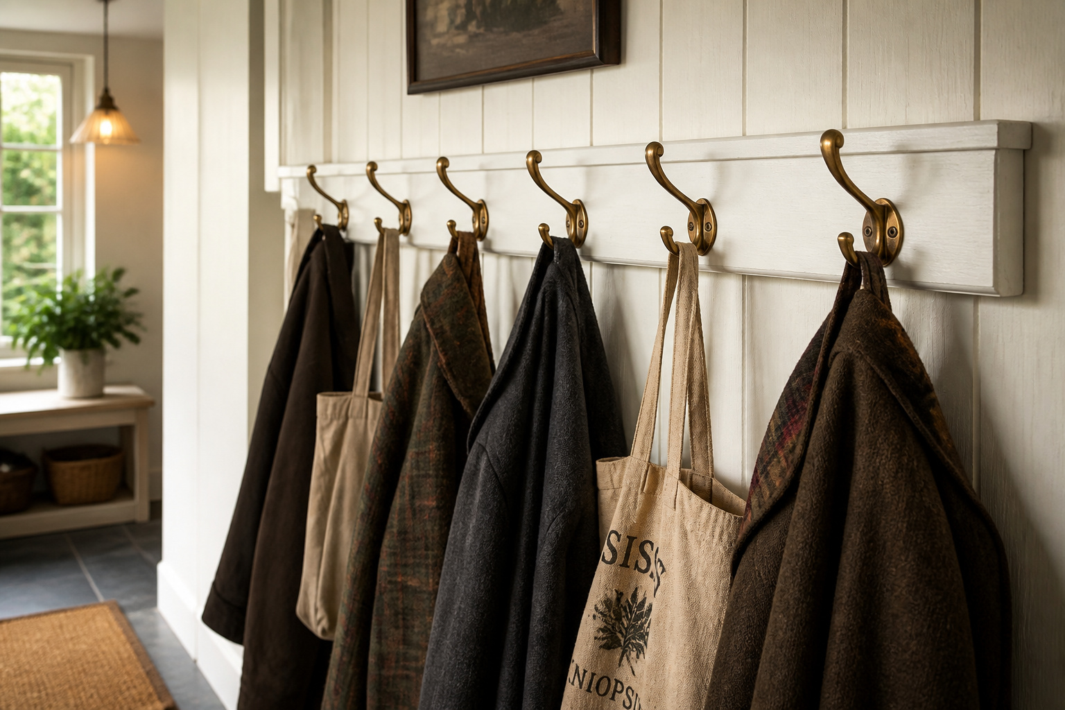 White Shaker peg rail with brass double hooks holding wool coats and canvas bags in a cottage entryway with tongue-and-groove panelling