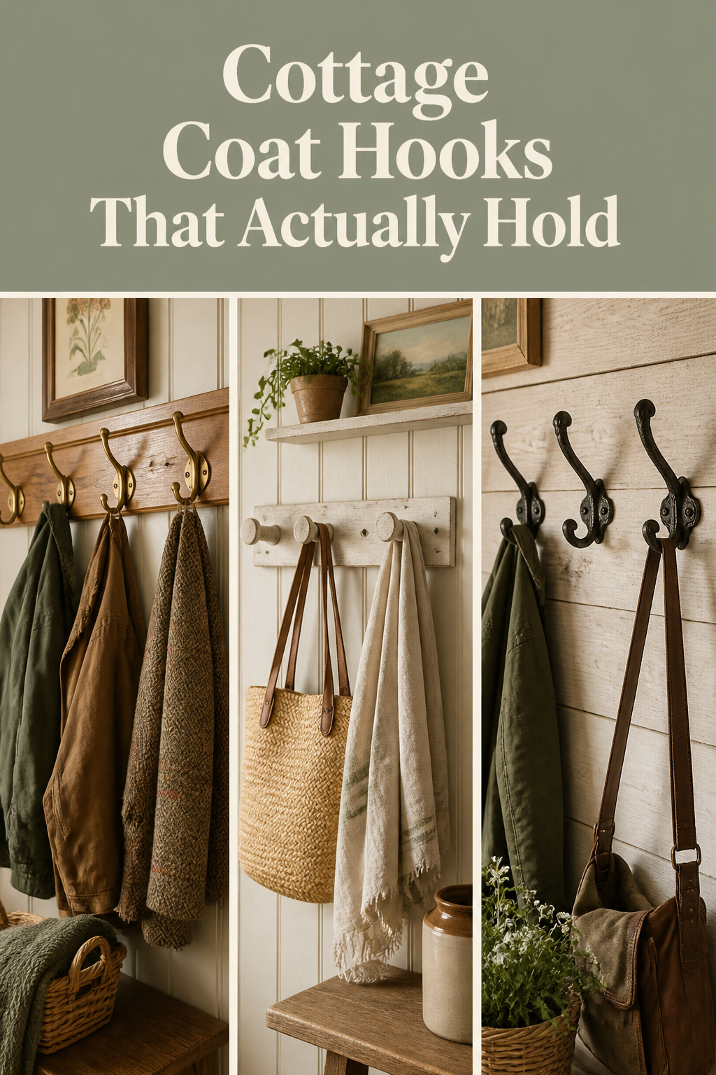 Three-panel Pinterest collage showing a Shaker peg rail, a DIY whitewash board-and-peg build, and individual cast iron hooks in cottage entryways