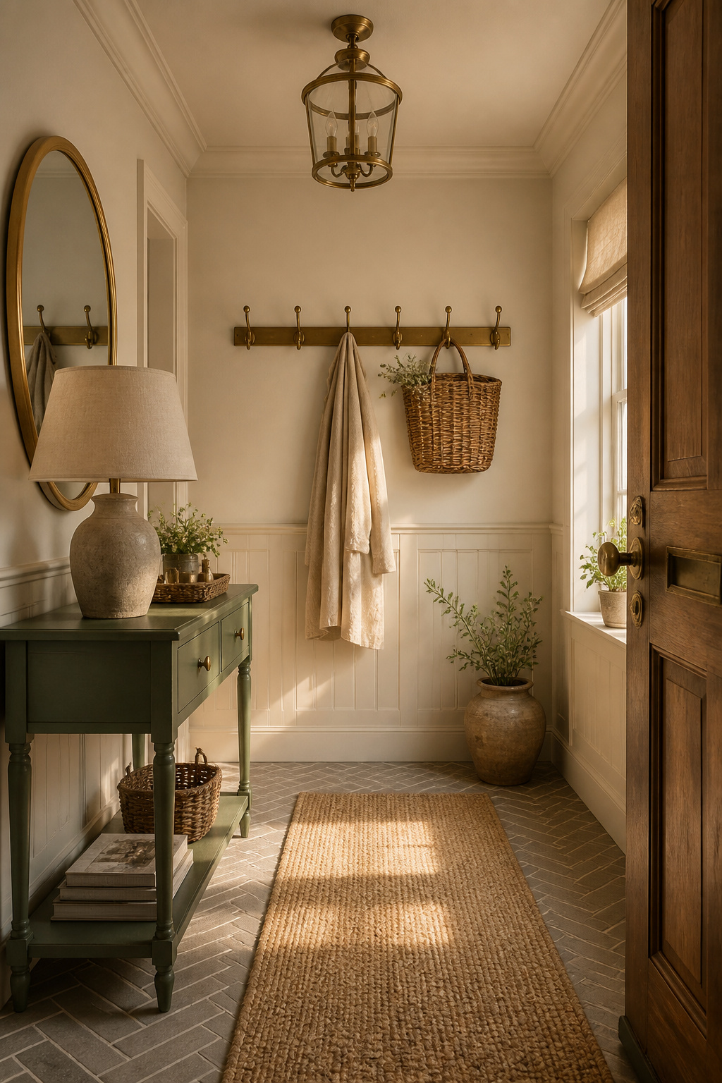 Complete cottage entry with herringbone floor, warm-white walls, aged-brass peg rail, sage console table, gilt mirror and semi-flush lantern, all elements in a unified warm palette