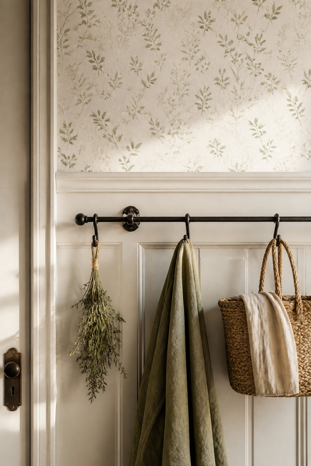 Cottage entry wall treatment — warm white dado panelling below botanical wallpaper in sage and cream
