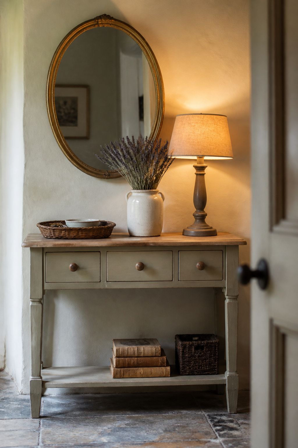 A narrow painted-pine cottage entryway console table styled with a tray, linen-shaded lamp, dried botanicals in a cream vase, and an oval gilt mirror above